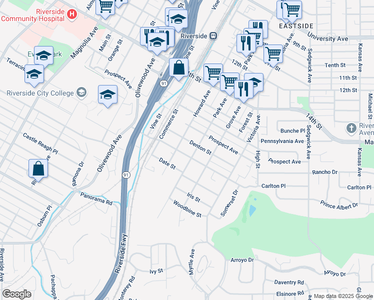 map of restaurants, bars, coffee shops, grocery stores, and more near 2943 Cridge St in Riverside
