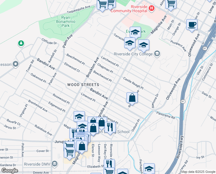 map of restaurants, bars, coffee shops, grocery stores, and more near 3857 Elmwood Court in Riverside