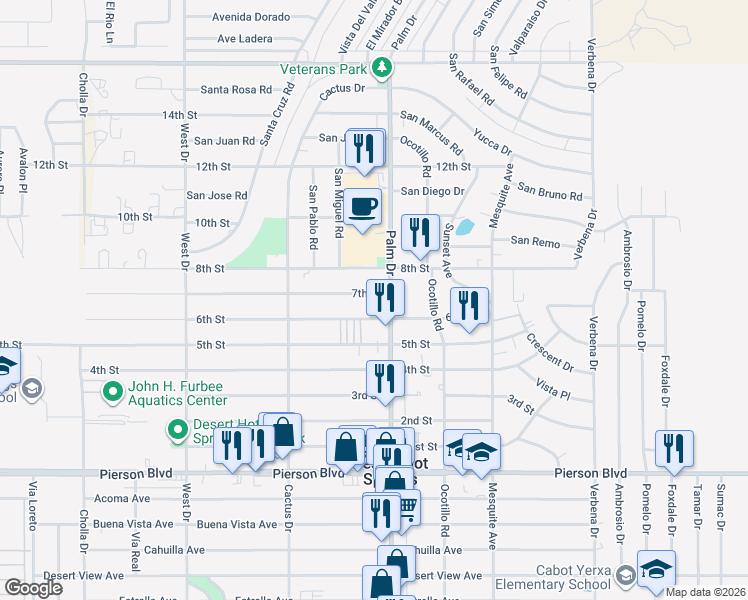map of restaurants, bars, coffee shops, grocery stores, and more near 66467 7th Street in Desert Hot Springs