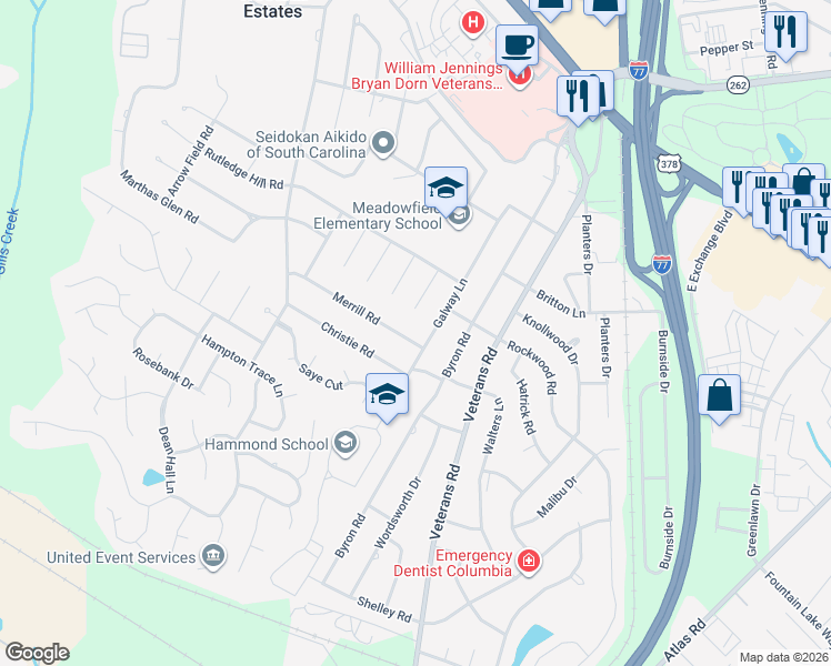 map of restaurants, bars, coffee shops, grocery stores, and more near 6619 Merrill Road in Columbia