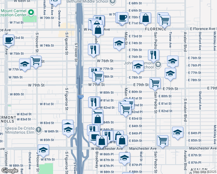 map of restaurants, bars, coffee shops, grocery stores, and more near 210 West 79th Street in Los Angeles