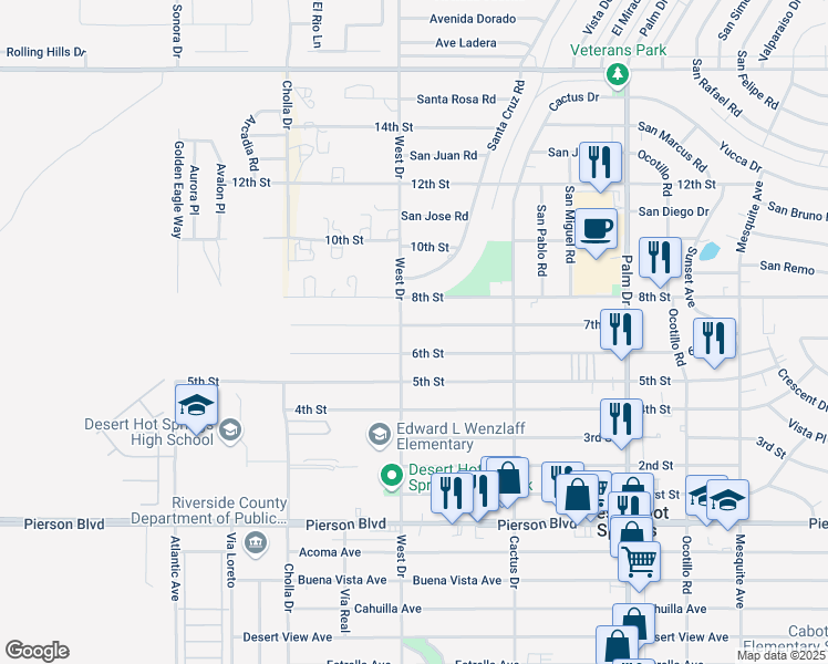 map of restaurants, bars, coffee shops, grocery stores, and more near 66031 7th Street in Desert Hot Springs