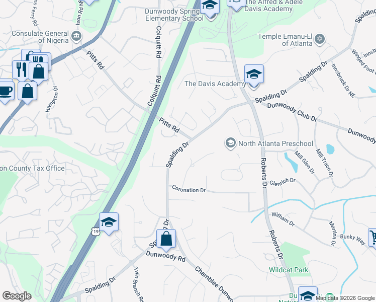 map of restaurants, bars, coffee shops, grocery stores, and more near 1245 Spalding Drive in Atlanta