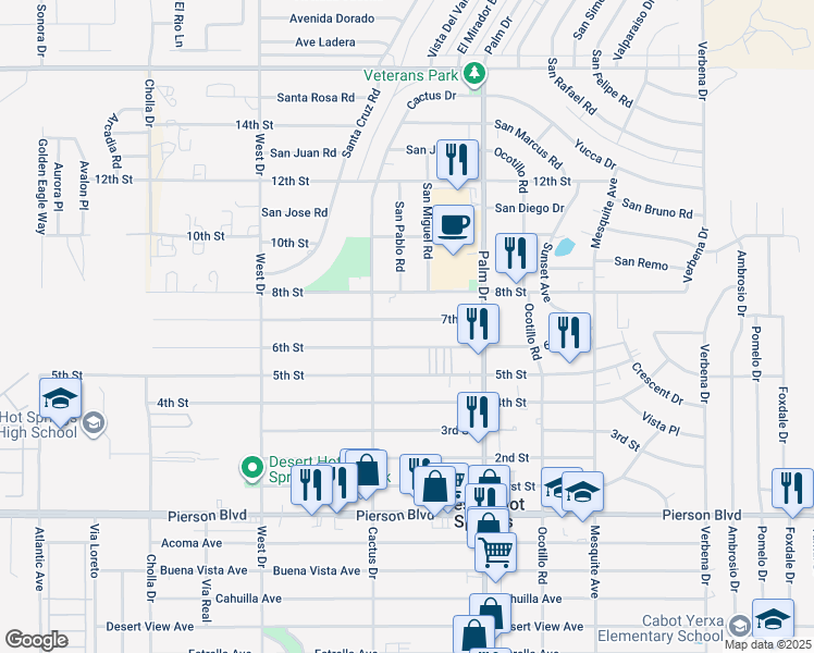 map of restaurants, bars, coffee shops, grocery stores, and more near 66289 7th Street in Desert Hot Springs