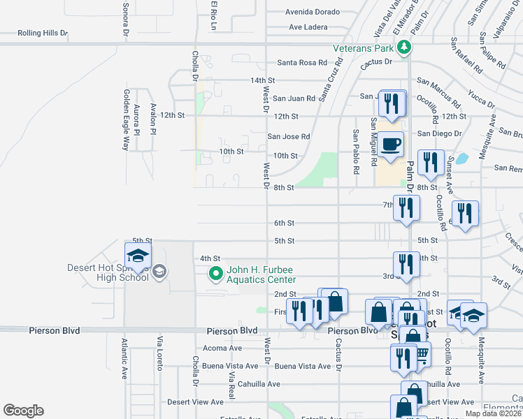 map of restaurants, bars, coffee shops, grocery stores, and more near 65951 7th Street in Desert Hot Springs