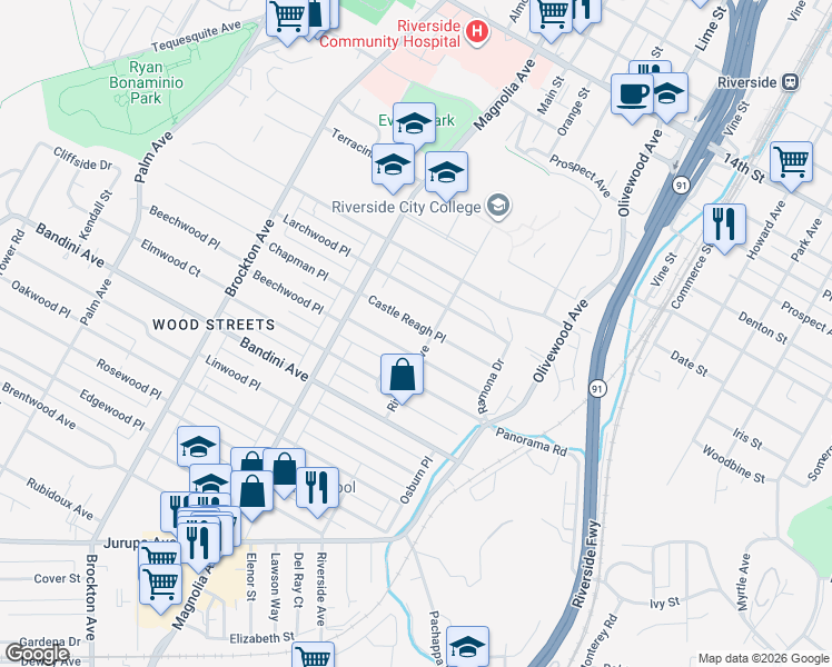 map of restaurants, bars, coffee shops, grocery stores, and more near 3620 Castle Reagh Place in Riverside