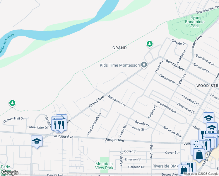map of restaurants, bars, coffee shops, grocery stores, and more near 5745 Grand Avenue in Riverside