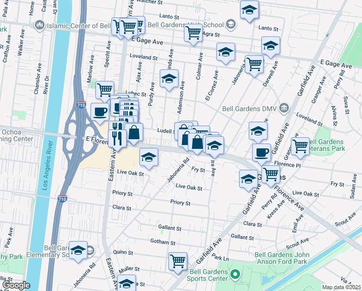 map of restaurants, bars, coffee shops, grocery stores, and more near 5929 Florence Avenue in Bell Gardens