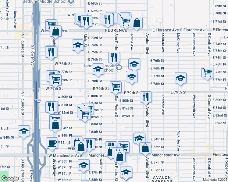 map of restaurants, bars, coffee shops, grocery stores, and more near 238 East 79th Street in Los Angeles