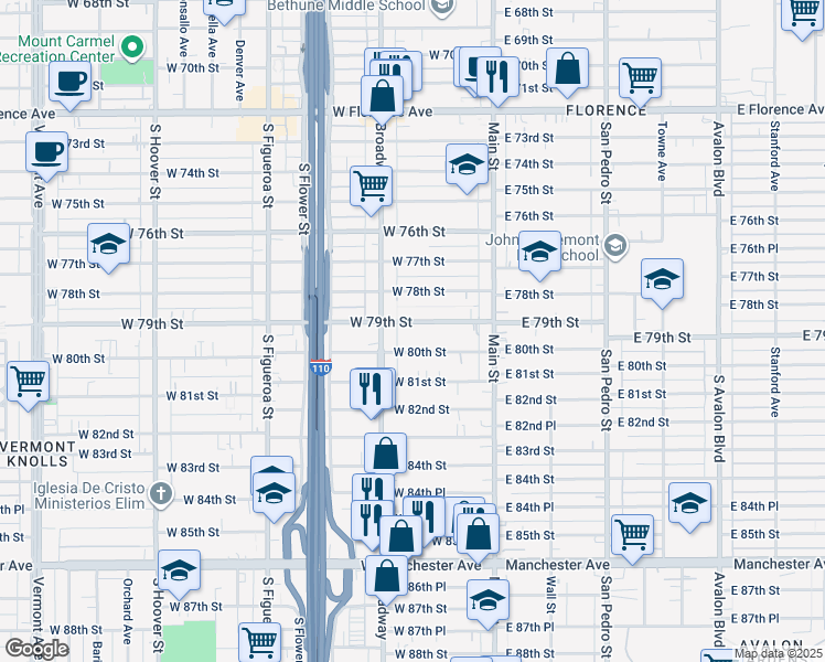 map of restaurants, bars, coffee shops, grocery stores, and more near 210 West 79th Street in Los Angeles