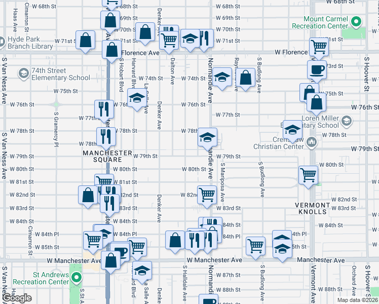 map of restaurants, bars, coffee shops, grocery stores, and more near 1447 West 79th Street in Los Angeles