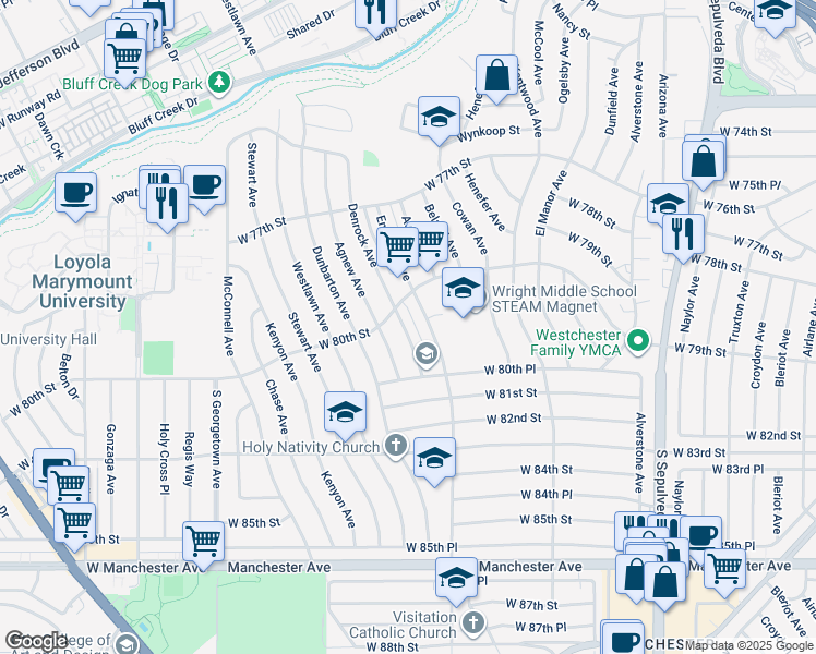 map of restaurants, bars, coffee shops, grocery stores, and more near 8029 Emerson Avenue in Los Angeles