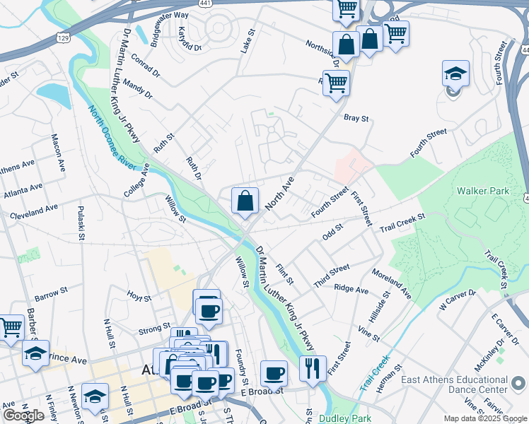 map of restaurants, bars, coffee shops, grocery stores, and more near 100 Fifth Street in Athens