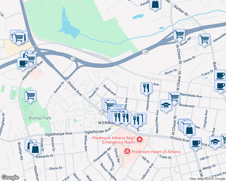 map of restaurants, bars, coffee shops, grocery stores, and more near 1220 Boulevard in Athens