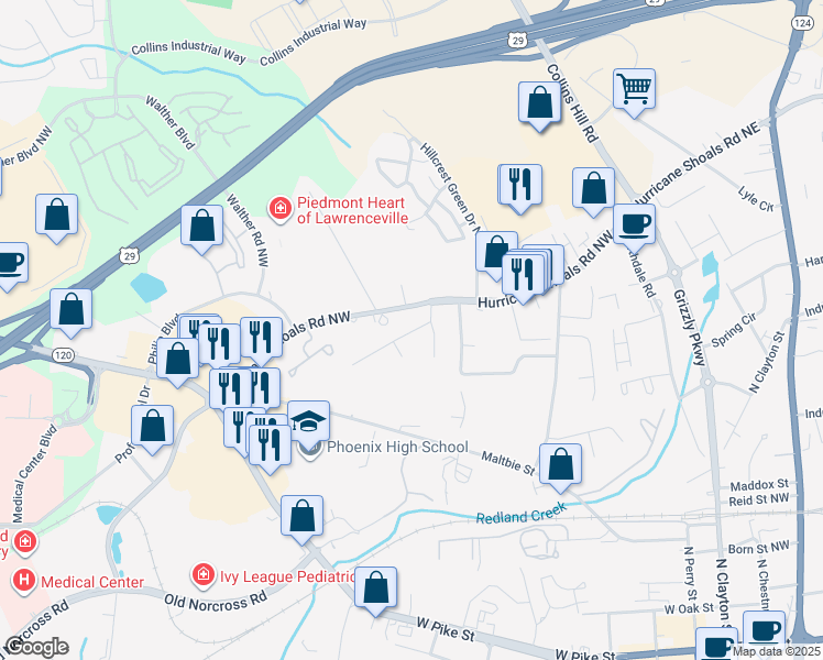 map of restaurants, bars, coffee shops, grocery stores, and more near 293 Haymarket Lane in Lawrenceville