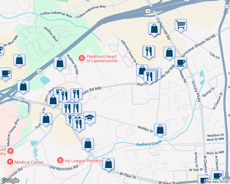 map of restaurants, bars, coffee shops, grocery stores, and more near 283 Haymarket Lane in Lawrenceville