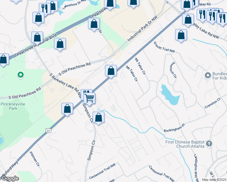 map of restaurants, bars, coffee shops, grocery stores, and more near 2951 Township Glen Lane in Norcross