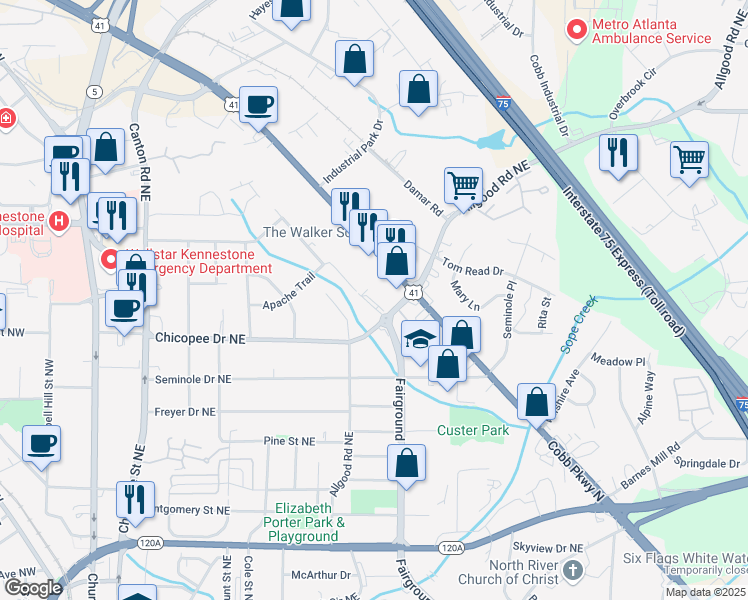 map of restaurants, bars, coffee shops, grocery stores, and more near 671 Kiowa Drive Northeast in Marietta