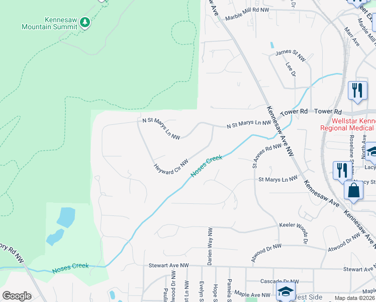 map of restaurants, bars, coffee shops, grocery stores, and more near 567 Heyward Circle Northwest in Marietta