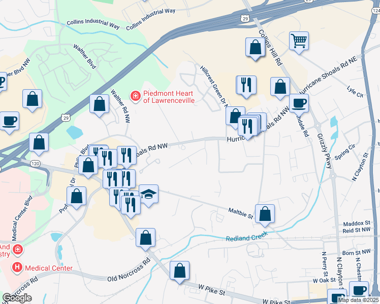 map of restaurants, bars, coffee shops, grocery stores, and more near 283 Haymarket Lane in Lawrenceville