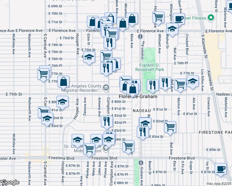 map of restaurants, bars, coffee shops, grocery stores, and more near 1523 Nadeau Street in Los Angeles