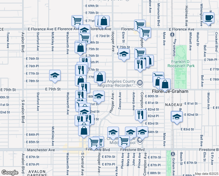map of restaurants, bars, coffee shops, grocery stores, and more near 1253 Nadeau Street in Los Angeles