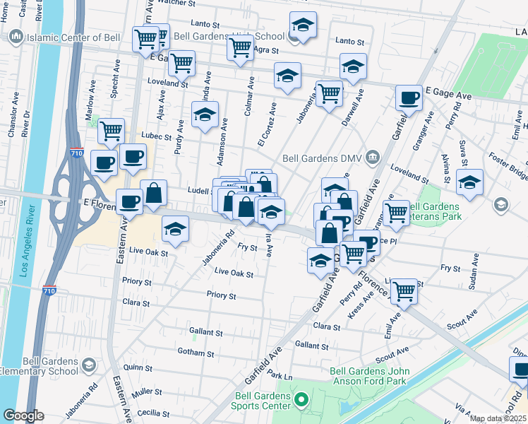 map of restaurants, bars, coffee shops, grocery stores, and more near 6039 Florence Avenue in Bell Gardens