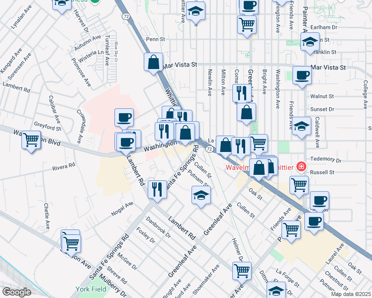 map of restaurants, bars, coffee shops, grocery stores, and more near 12550 Whittier Boulevard in Whittier