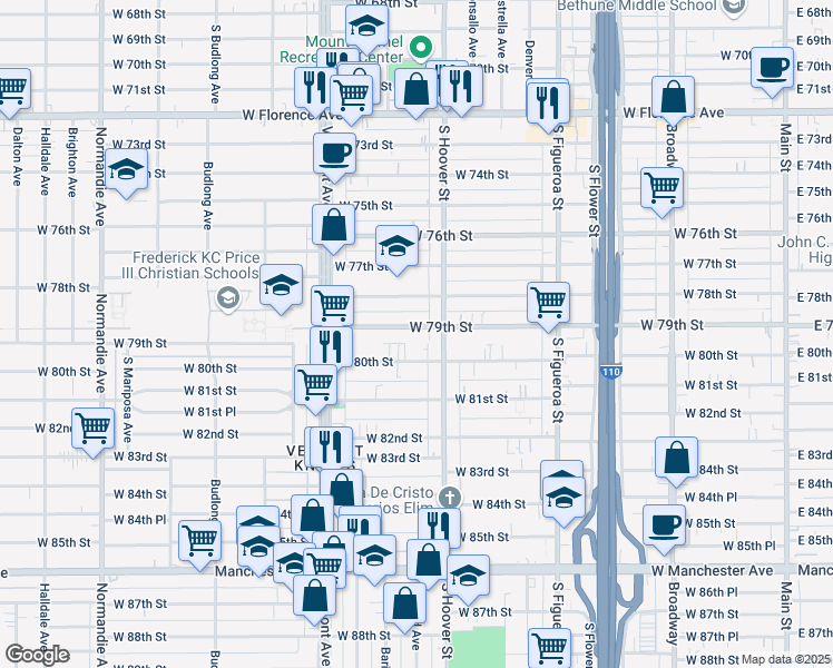 map of restaurants, bars, coffee shops, grocery stores, and more near 828 West 79th Street in Los Angeles
