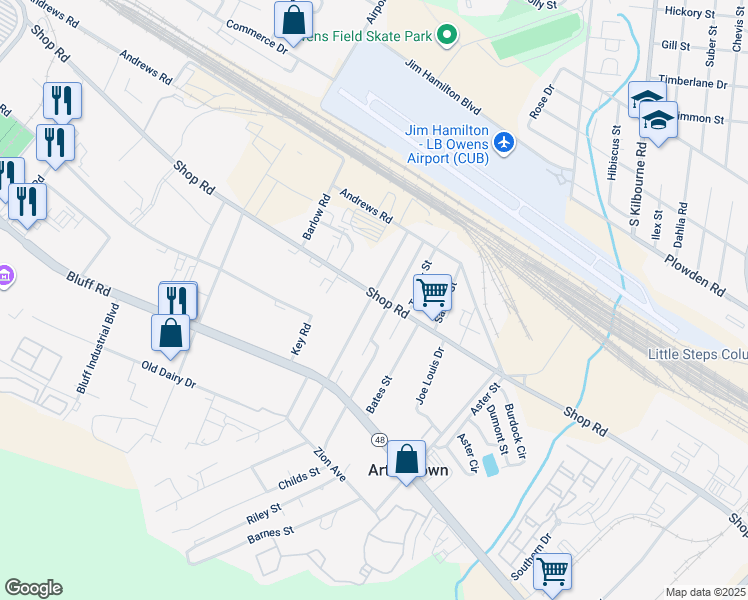 map of restaurants, bars, coffee shops, grocery stores, and more near 1707 Shop Road in Columbia