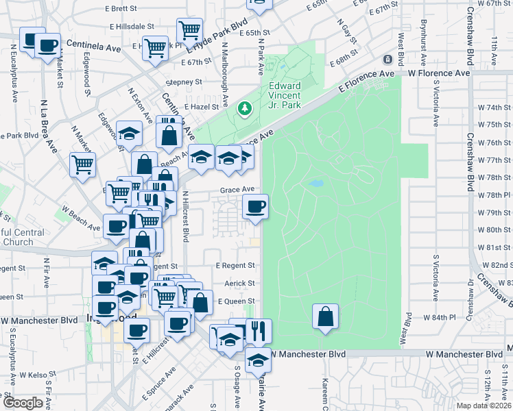 map of restaurants, bars, coffee shops, grocery stores, and more near 767 Sienna Way in Inglewood