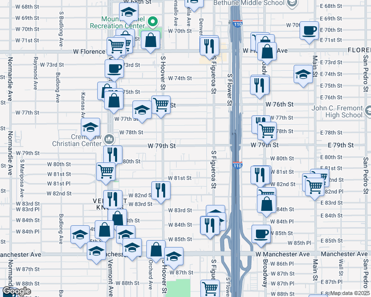 map of restaurants, bars, coffee shops, grocery stores, and more near 630 West 79th Street in Los Angeles