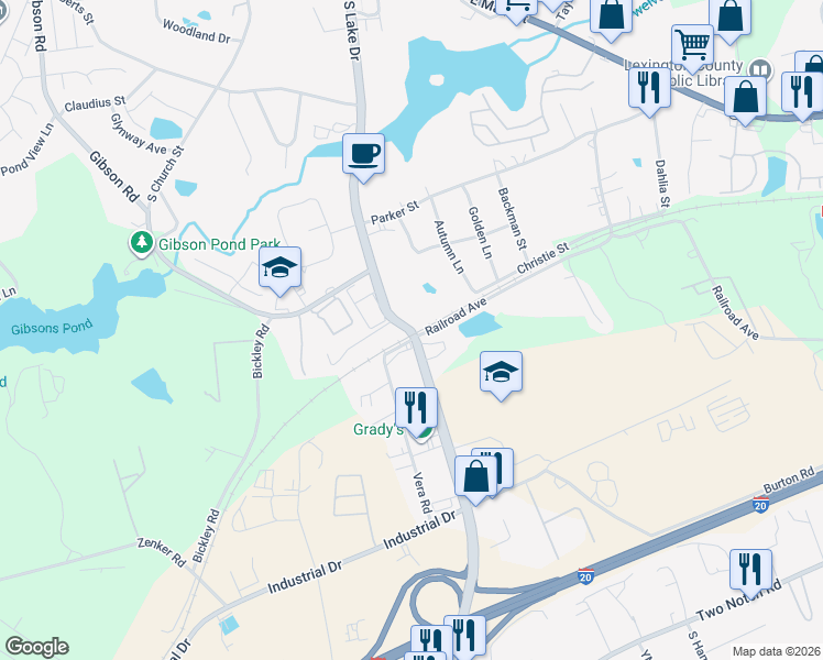 map of restaurants, bars, coffee shops, grocery stores, and more near South Lake Drive in Lexington