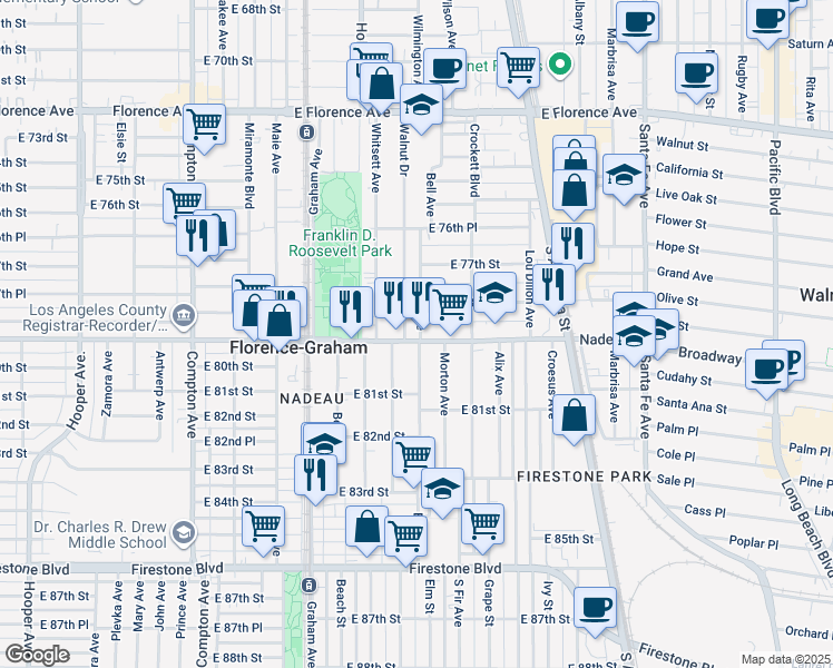 map of restaurants, bars, coffee shops, grocery stores, and more near 7835 Bell Avenue in Los Angeles