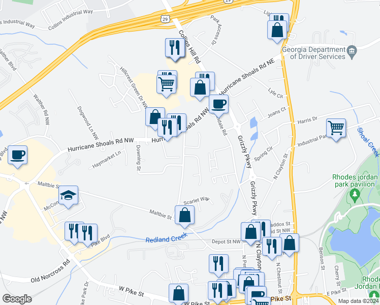 map of restaurants, bars, coffee shops, grocery stores, and more near 559 Southern Way in Lawrenceville