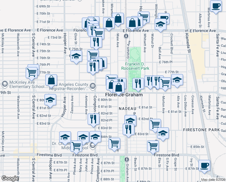 map of restaurants, bars, coffee shops, grocery stores, and more near 1609 Nadeau Street in Los Angeles