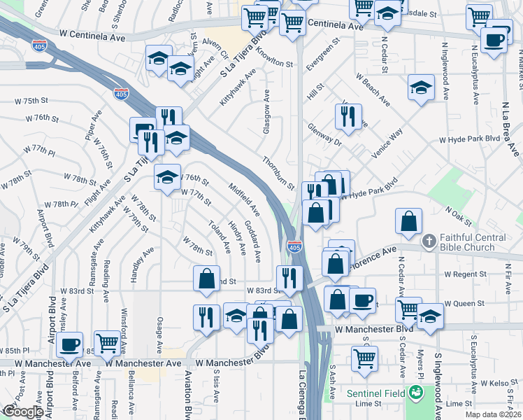 map of restaurants, bars, coffee shops, grocery stores, and more near 7634 Midfield Avenue in Los Angeles