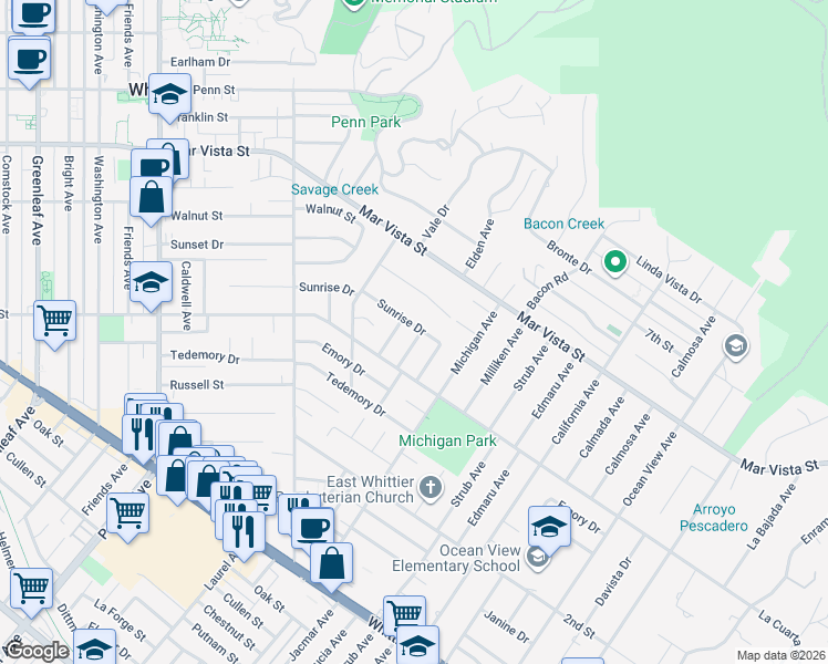 map of restaurants, bars, coffee shops, grocery stores, and more near 8003 Elden Avenue in Whittier