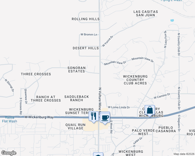 map of restaurants, bars, coffee shops, grocery stores, and more near 350 Vulture Mine Road in Wickenburg