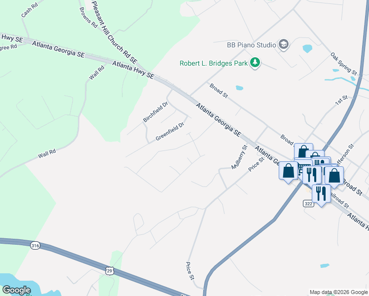 map of restaurants, bars, coffee shops, grocery stores, and more near 376 Sunset Drive in Statham