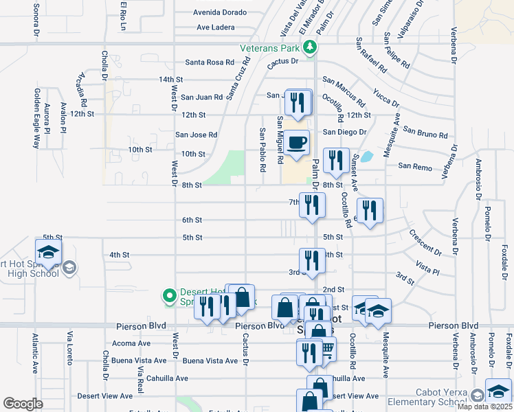 map of restaurants, bars, coffee shops, grocery stores, and more near 66289 7th Street in Desert Hot Springs