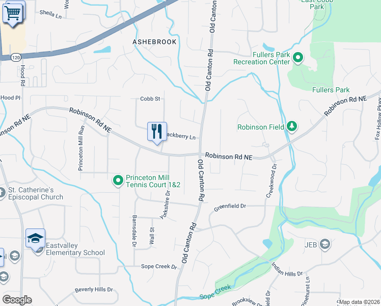 map of restaurants, bars, coffee shops, grocery stores, and more near 3034 Robinson Road in Marietta