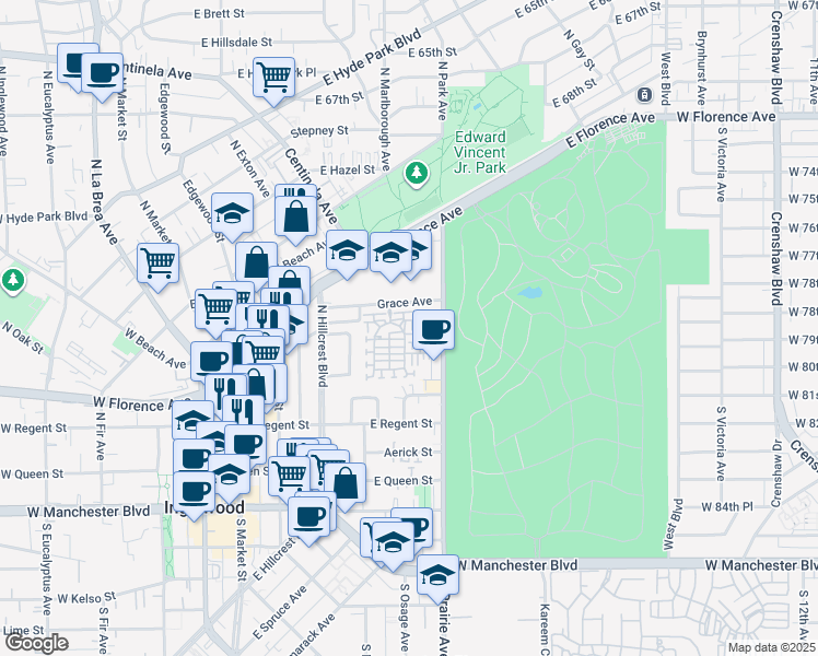 map of restaurants, bars, coffee shops, grocery stores, and more near 757 Daniel Freeman Circle in Inglewood