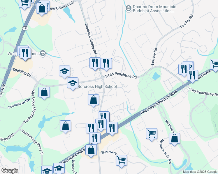 map of restaurants, bars, coffee shops, grocery stores, and more near 5151 Beverly Glen Village Lane in Peachtree Corners