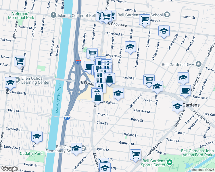 map of restaurants, bars, coffee shops, grocery stores, and more near Florence Avenue & Ajax Avenue in Bell Gardens