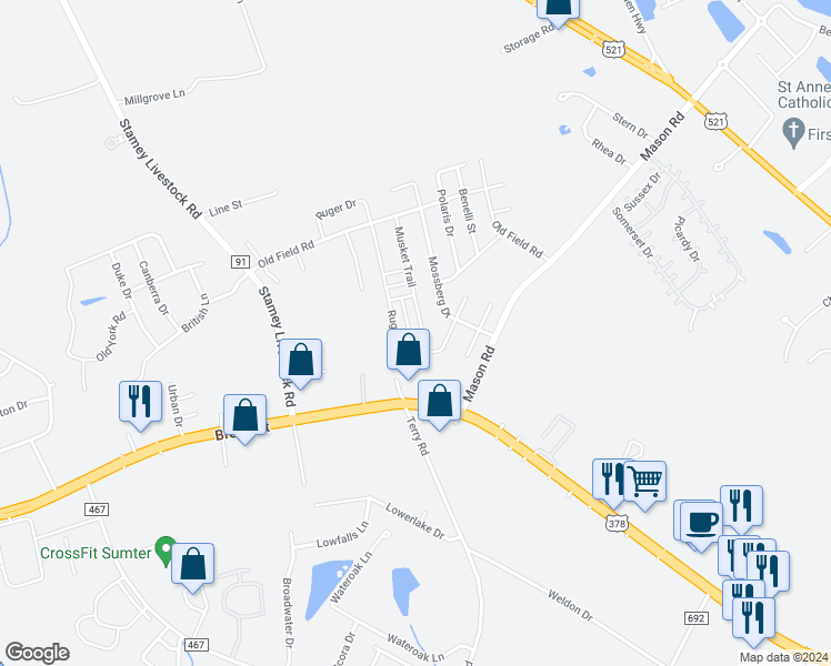 map of restaurants, bars, coffee shops, grocery stores, and more near 1630 Musket Trail in Sumter