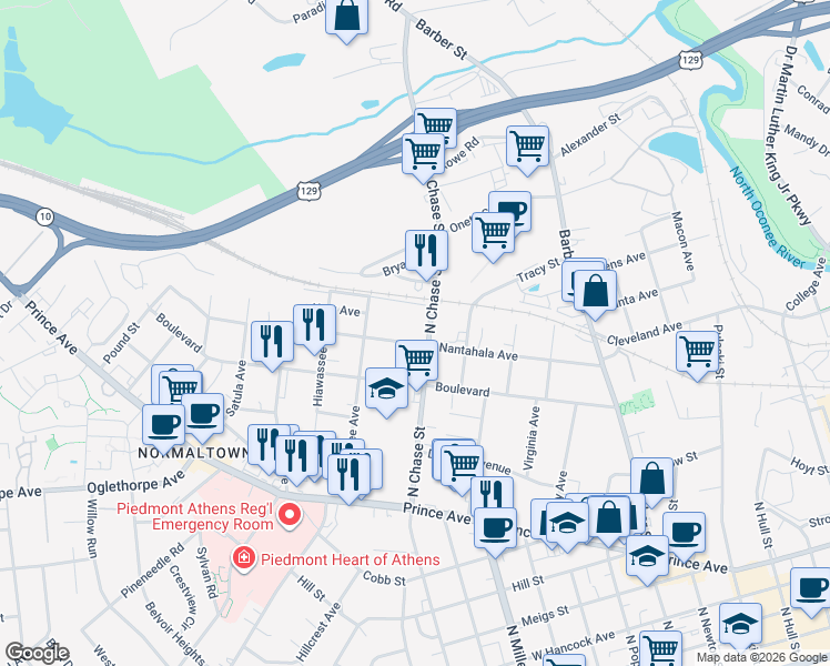 map of restaurants, bars, coffee shops, grocery stores, and more near 904 North Chase Street in Athens