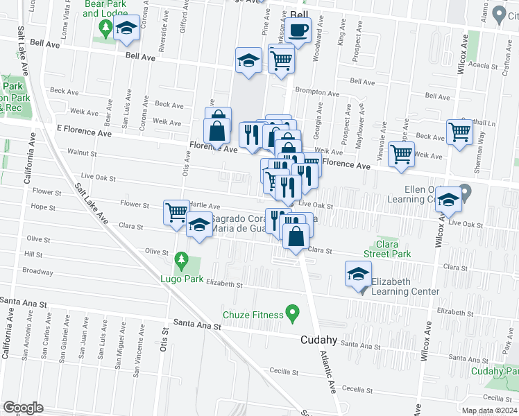 map of restaurants, bars, coffee shops, grocery stores, and more near 4419 Hartle Avenue in Bell
