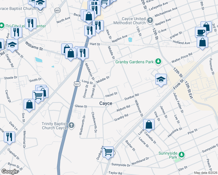 map of restaurants, bars, coffee shops, grocery stores, and more near 1518 Benton Circle in Cayce