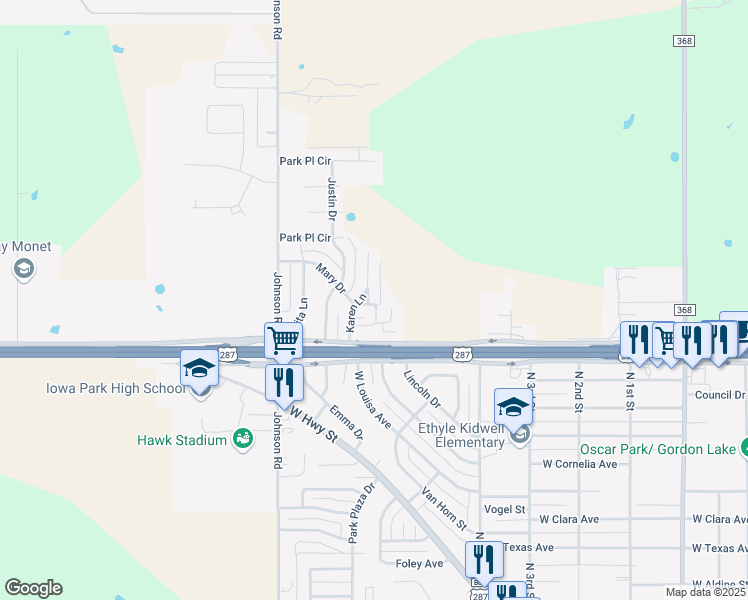 map of restaurants, bars, coffee shops, grocery stores, and more near 1601 Karen Lane in Iowa Park